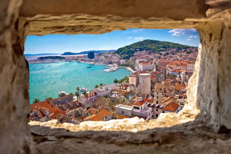 split bay aerial view through stone window dalmatia croatia