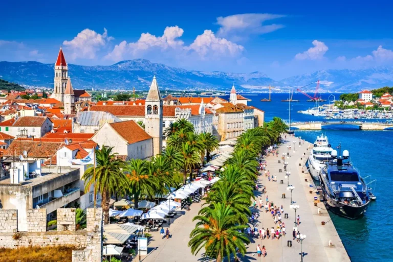 trogir croatia sunny promenade along the pier of old venetian town dalmatian coast in croatia