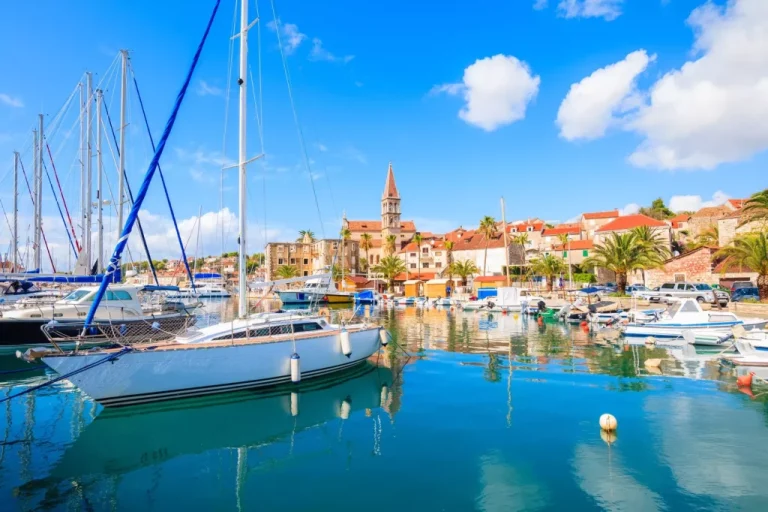 view of milna port with sailing boats brac island croatia